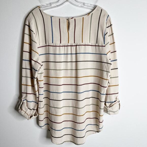 Christopher & Banks Womens Tunic Blouse L Multicolor Stripe Roll Tab Long Sleeve - Picture 7 of 11
